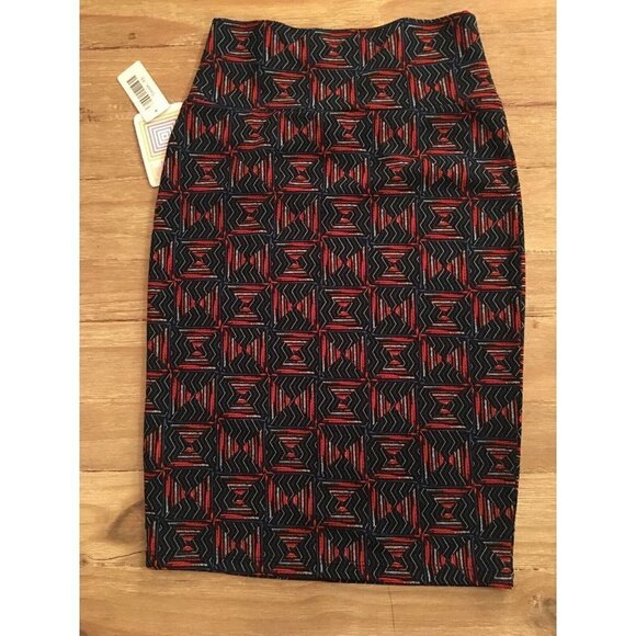 LuLaRoe CASSIE Skirt Blue Black Red Geometric Squares Print Size XS NEW - Picture 2 of 6